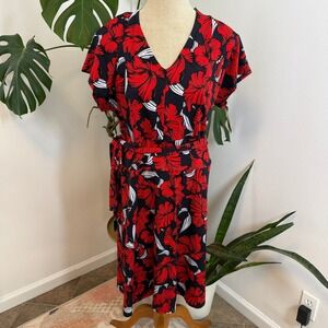 Lane Bryant Women Floral Print V Neck Short Sleeve Belted Midi Dress Size‎ 14